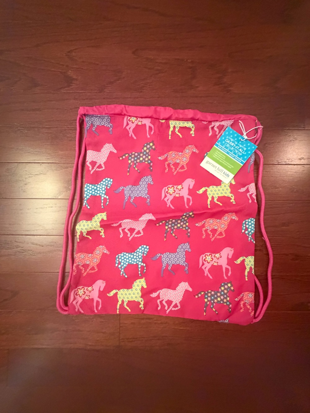 Garnet Hill Pink Drawstring Bag with Painted Horses Print